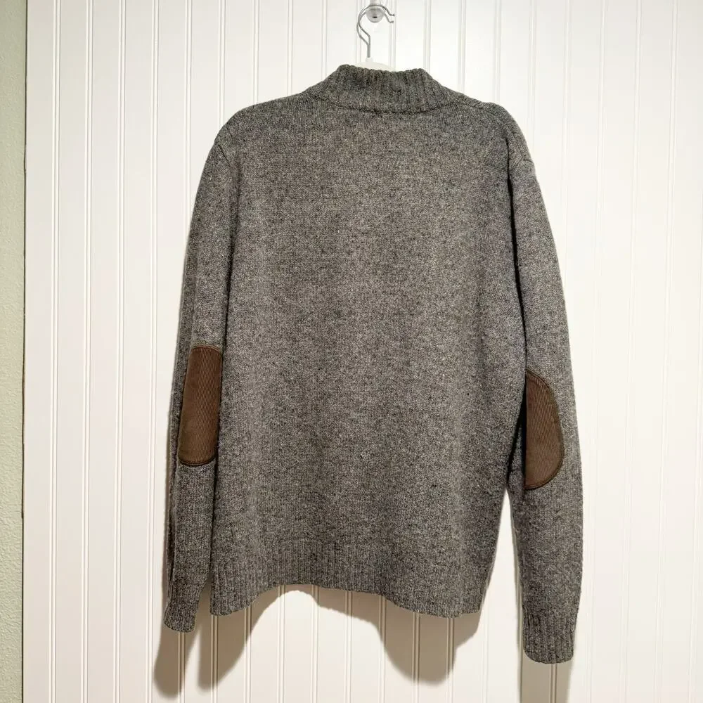 LL Bean Gray Shetland Wool Sweater Corduroy Elbow Patches Quarter Zip Mens Large